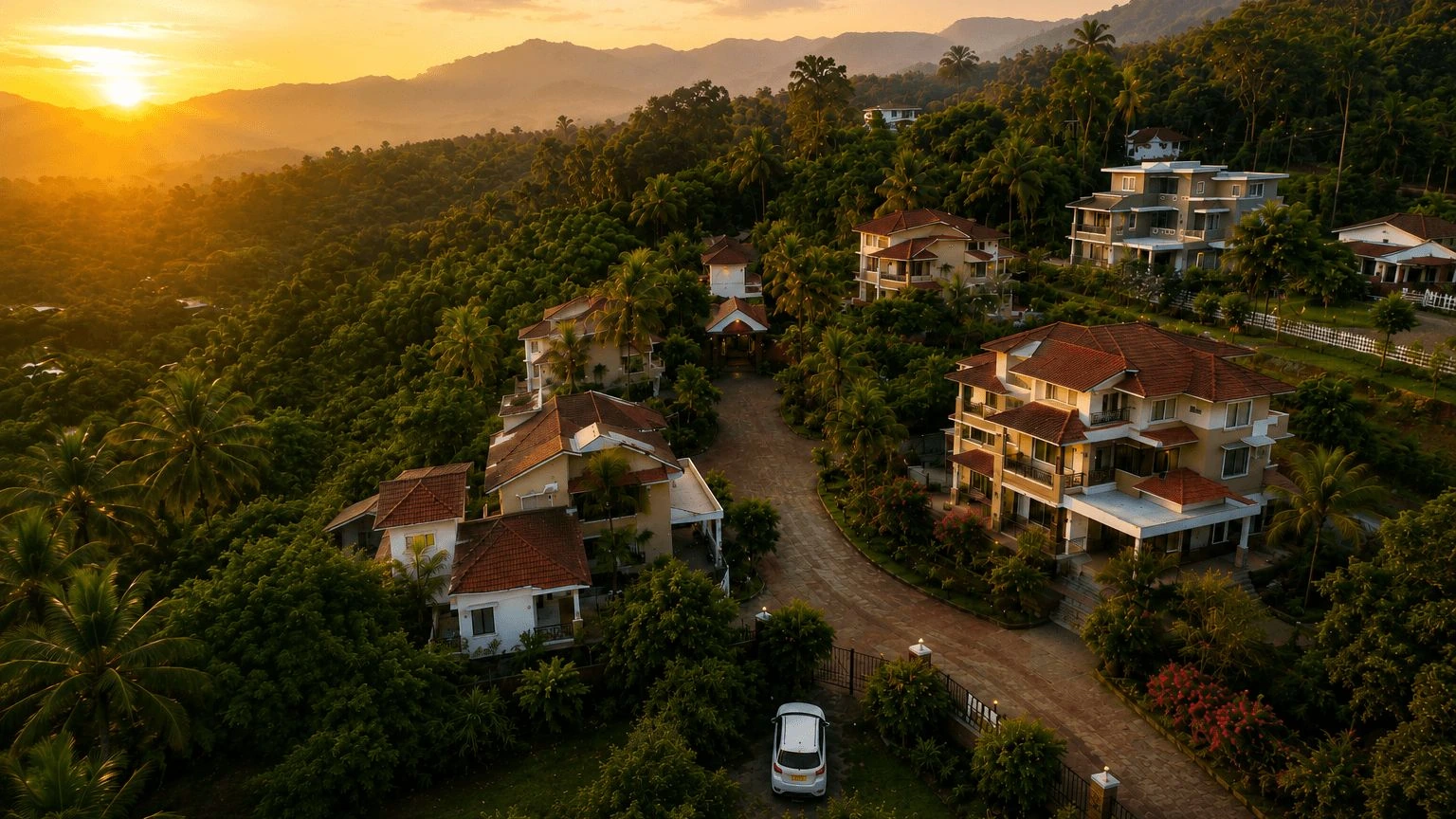 The Mango Inn from the air at sunset: five separate houses along a paved drive on the hilltop, coconut and mango trees around them and the Konkan hills behind