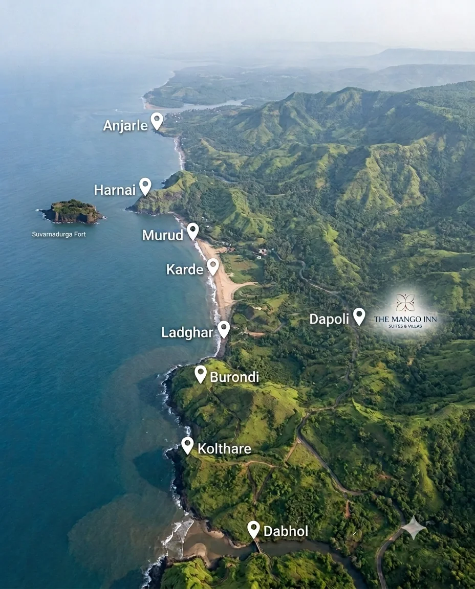 Aerial map of the Dapoli coast showing The Mango Inn in Dapoli and nearby beaches: Anjarle, Harnai, Murud, Karde, Ladghar, Burondi, Kolthare, Dabhol and Suvarnadurga Fort